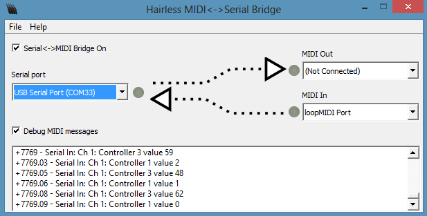 Figure 6b. MIDI communication setup. Then Hairless MIDI takes the messages from the loopMIDI port and outputs them via serial port to the arduino computer (right). In this image “USB Serial Port Com33”. But it can be different for each computer.